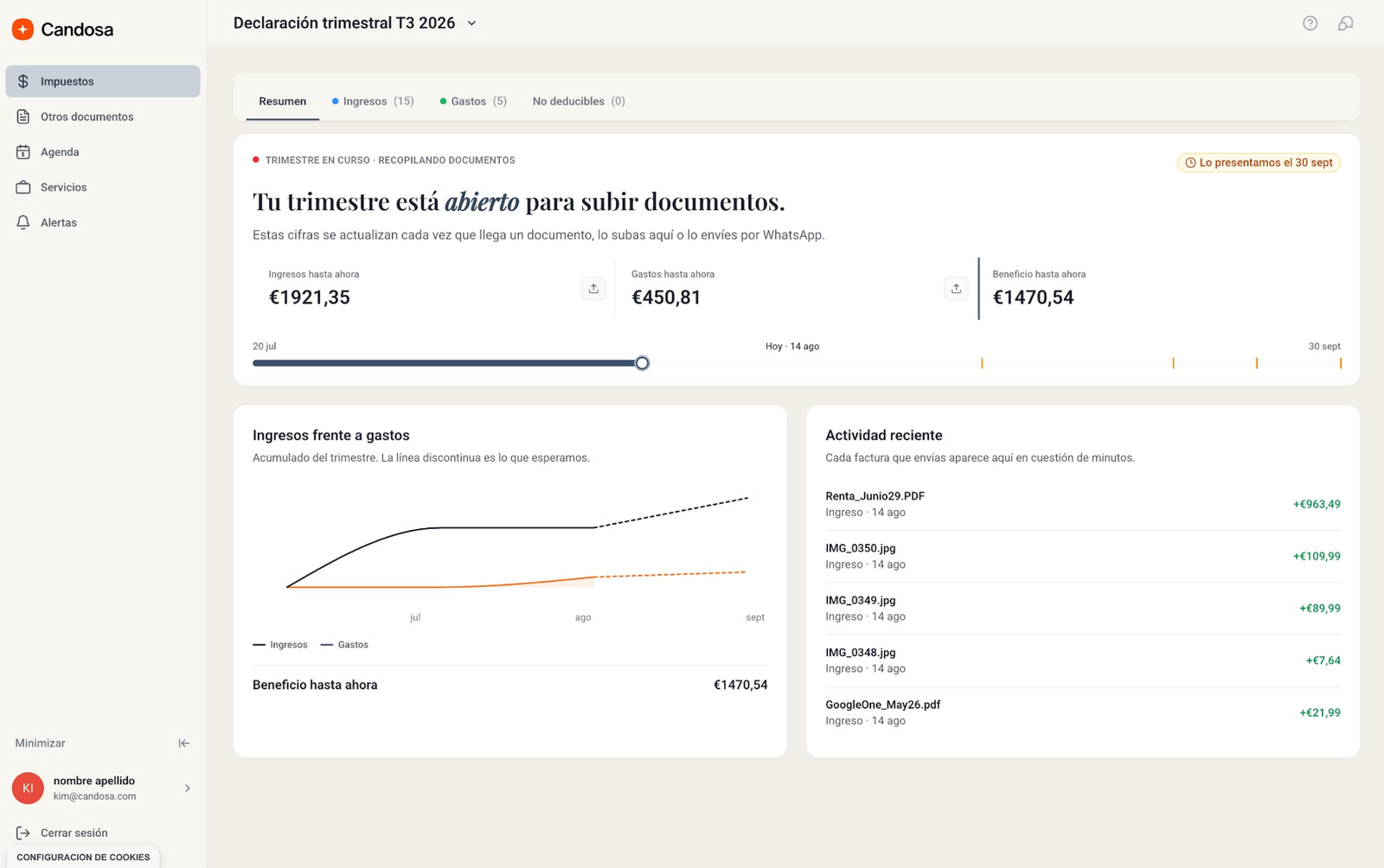 Pantalla de la plataforma: gráfico de ingresos frente a gastos del trimestre y lista de actividad reciente con cada factura subida y su importe.
