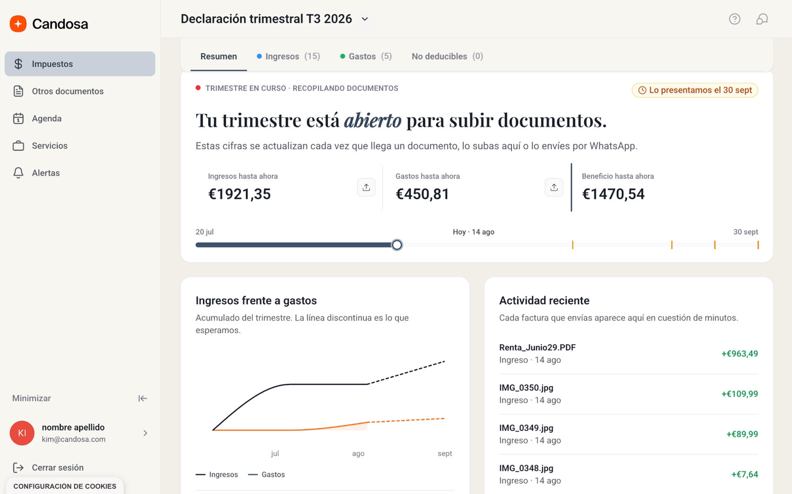 Pantalla de la plataforma: resumen de la declaración trimestral con ingresos, gastos y beneficio hasta la fecha y la barra de tiempo hasta el día de presentación.